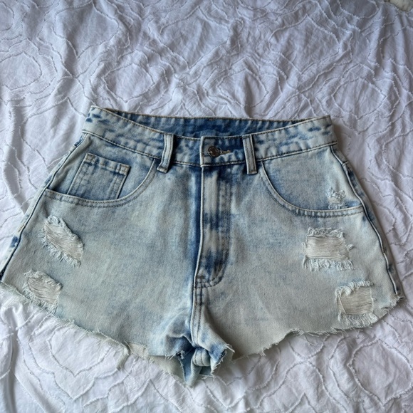 SHEIN Blue Jean Shorts High-Waisted Distressed Acid Wash Light Wash - Picture 1 of 7